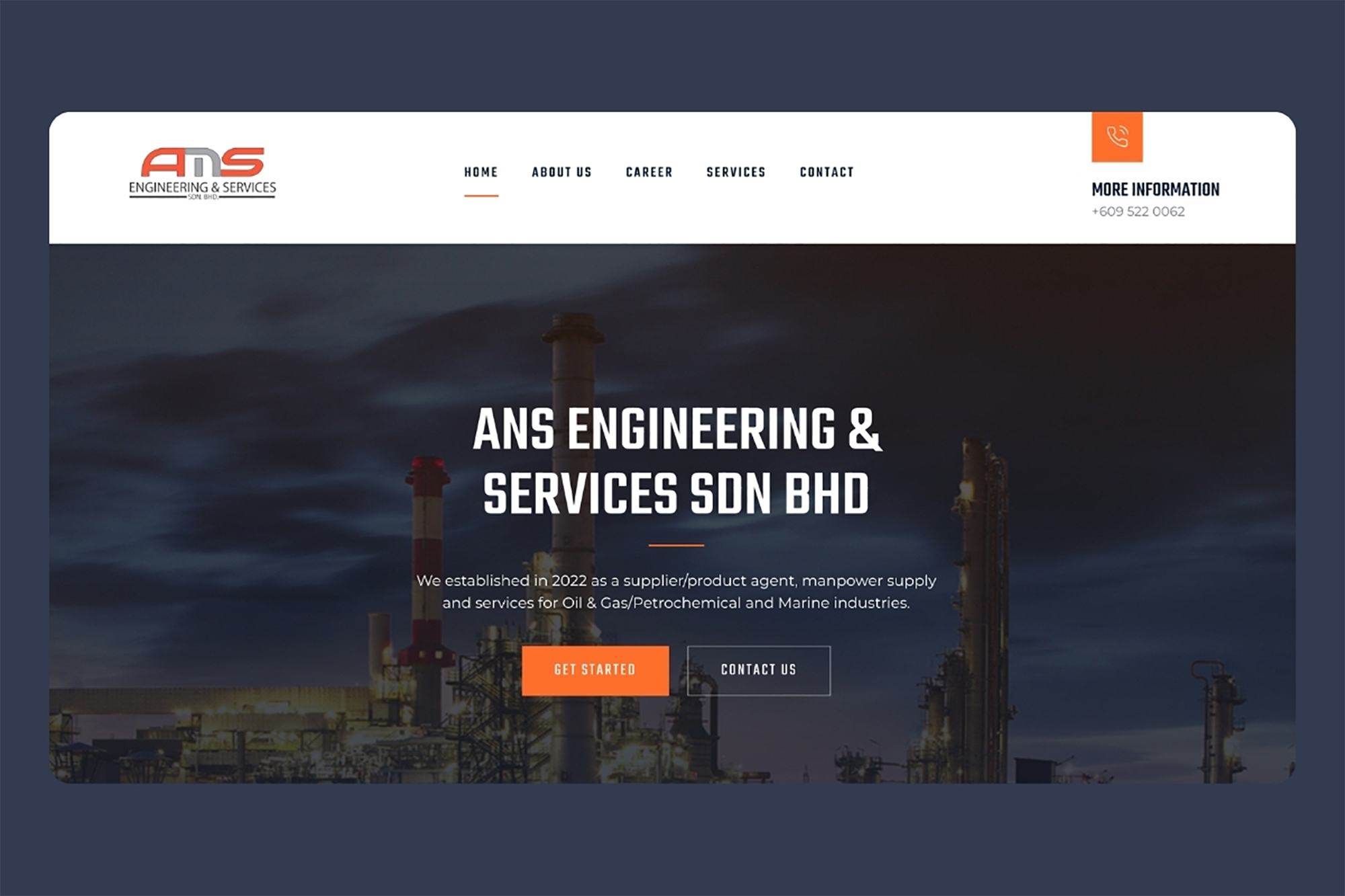 Homepage design for ANS Engineering Sdn Bhd with modern industrial website layout