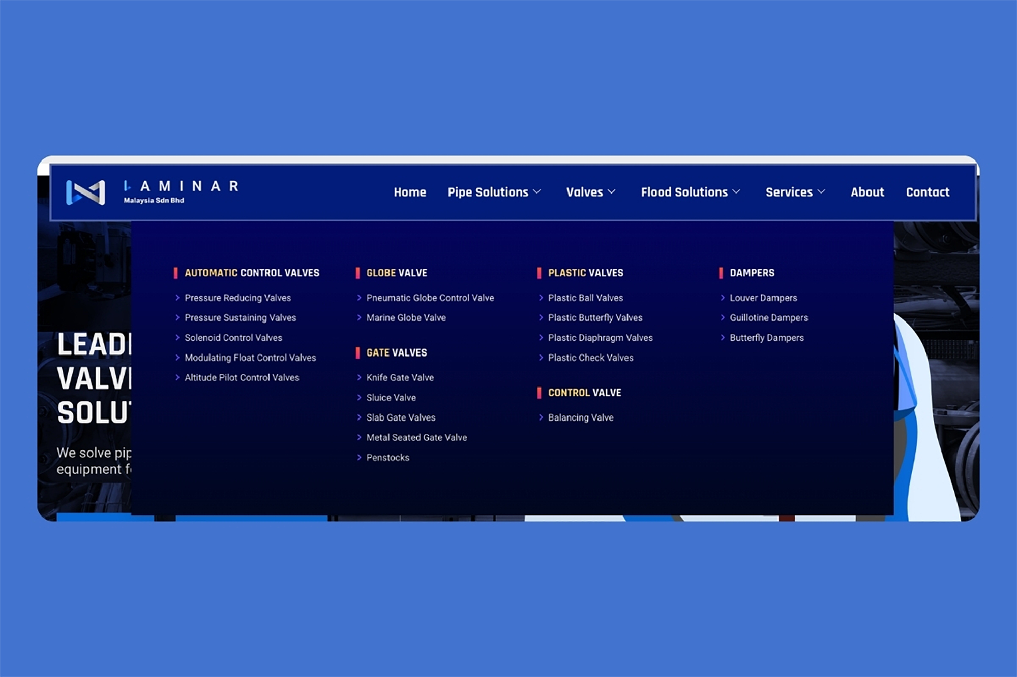 Corporate engineering website layout with service navigation and company profile