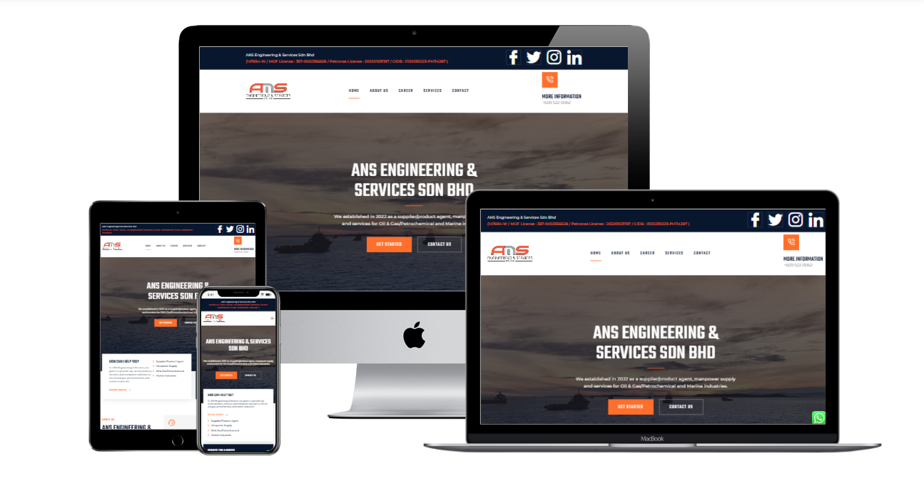 Responsive engineering website displayed across desktop, tablet, and mobile devices