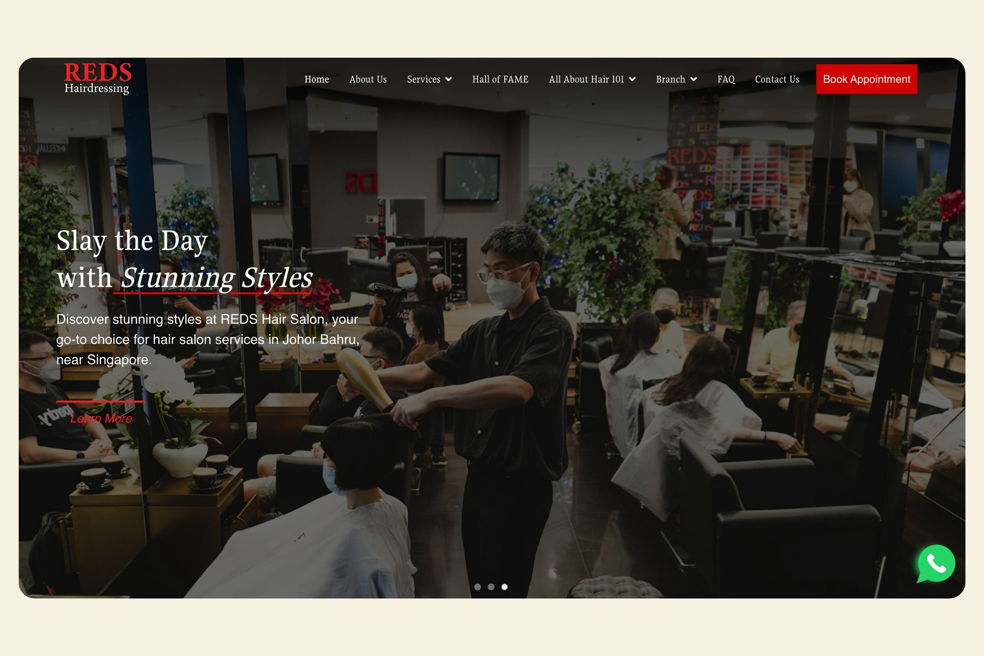 Reds Hairdressing Homepage Hero section design