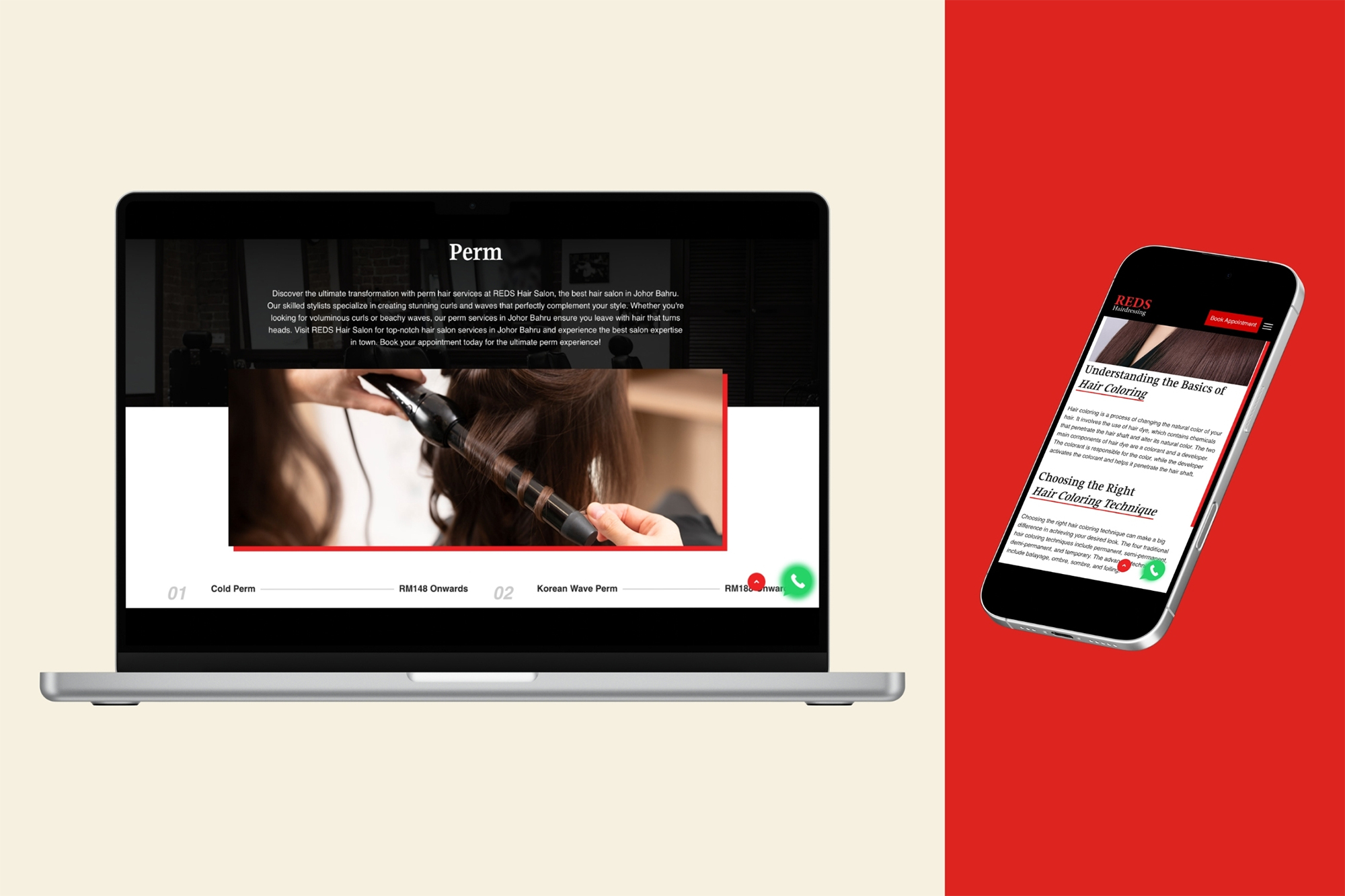 Reds Hairdressing mobile-friendly salon website view
