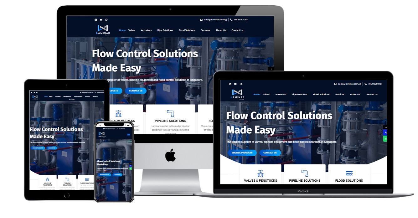 Laminar Singapore homepage website design featuring industrial pipeline and flood protection solutions